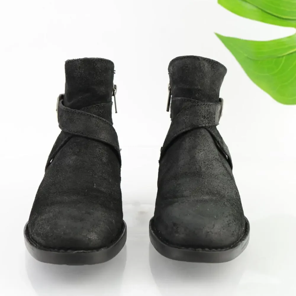 Born Womens Jorgette Boots Size 7.5 Black Suede Distressed Bootie Buckle Lo Heel